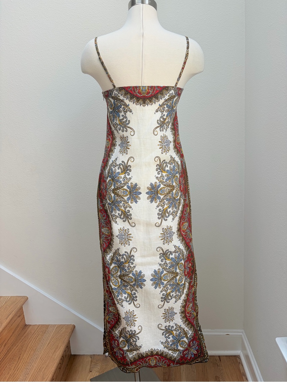 Veronica Beard Maxi Dress Petra Paisley Square Neck Slit Linen Red Blue Size Xs - Picture 5 of 12